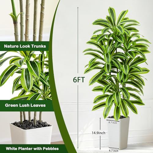 Artificial Yellow Dracaena Tree - 6FT Tall Fake Plants with White Tall Planter - Artificial Plants Indoor Floor Plant in Pot - Large Tropical Fake Yucca Potted Tree for Home Office Living Room Decor - color: White-yellow Leaf, size: 6 FT