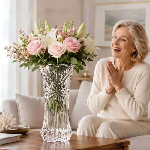 JASVIC 12 Inch Crystal Vases for Flowers, Tall Glass Flower Vase for Bouquet, Elegant Modern Large Vase, Starburst Design Decorative Vase for Living Room Centerpiece, Mother's Day, Wedding Gift - color: Starburst Design