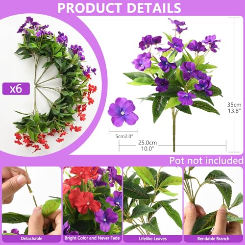 Artificial Impatiens Flowers for Outdoors, 6 Bundles Silk Fake Flowers for Spring Summer Decoration, UV Resistant Faux Plants Plastic Bouquet for Home Planter Porch Patio Yard Decor(Red Purple) - color: Red,purple