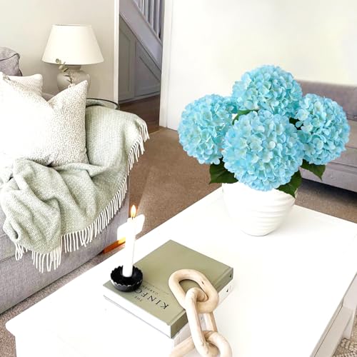 JINWOE Lake Blue Faux Hydrangea Flowers, 4Pcs 22" Large Lifelike Silk Artificial Hydrangeas, Full Fake Flowers for Bouquet Table Centerpieces Outdoor Wedding Indoor Home - color: Lake Blue