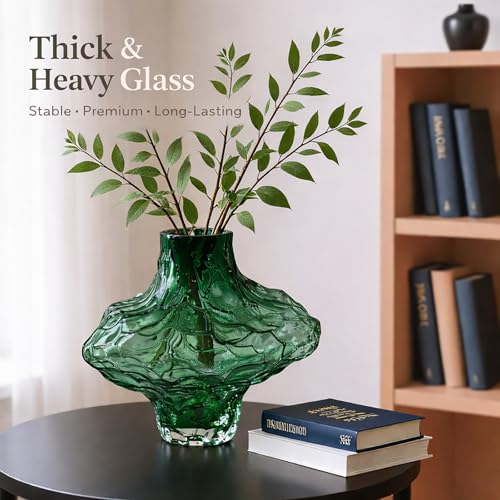 6.5in Green Glass Vase with Surface Wavy Grooves, 1.7lbs Thickened Heavy Bottom Small Flower Vase, Individual Modern Decorative Vase for Centerpiece, Wedding, Living Room (Green) - color: Green