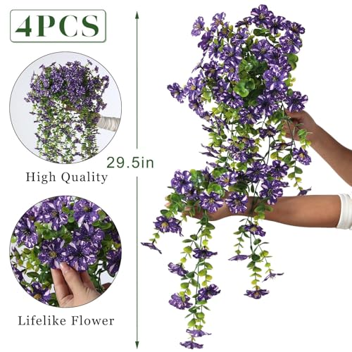 GLIDLION 4 PCS Artificial Morning Glory & Eucalyptus for Outside, Realistic Sun Resistant Fake Silk Hang Flower Faux Eucalyptus Leave for Patio Farmhouse Garden Porches Balcony Decor (Purple) - color: Purple