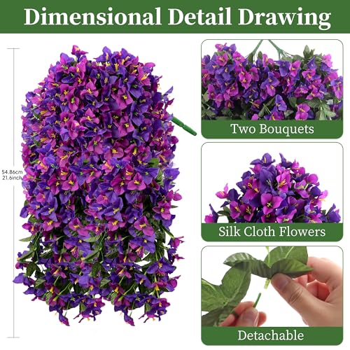 Artificial Bougainvillea Hanging Flowers Plants - 2 PCS faux Bougainvillea artificial flowers with Long Trailing Vines for Outdoor Decoration, Perfect for Porch, Garden (Dark Purple Dark Lotus) - color: Purple & Red Lotus Mix