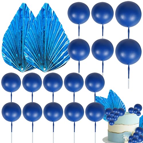 28 Pack Balls Cake Toppers, DIY Palm Leaves Cake Decorations, Foam Balls Paper Palm Leaf Cake Insert Toppers Decorations for Birthday Wedding Baby Shower Party Decorations Blue - color: Blue