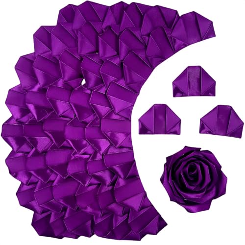 100 Pcs Premade Satin Ribbon Rose Petals Half-Finished DIY Everlasting Rose Making Kit: 100 Pcs Pre-Cut Satin Petals for Handmade Forever Flowers, Wedding & Anniversary Bouquets - color: 100 Pcs Dark Purple