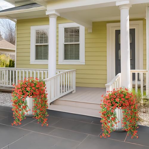 ZFProcess Artificial Hanging Flowers for Outdoors, 2 Pcs Fake Hanging Plant Spring Summer Decor, UV Resistant No Fade Realistic Faux Flower for Front Door Porch Planter Patio Garden Yard (Red) - color: Red