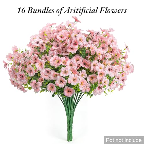 Artificial Flowers for Outdoors Decoration for UV Resistant Silk,16 Bundles | Artificial Violet Flowers for Outdoor Decor, Realistic Fake Plants for Porch,Garden,Window Box,All Pink - color: Pink