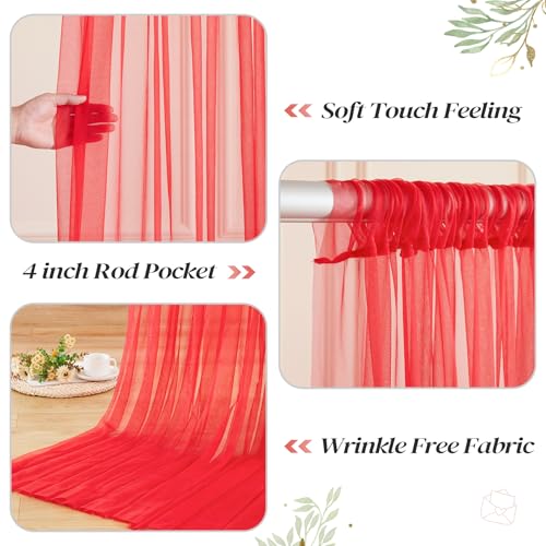 10ft x 8ft Red Backdrop Curtain with Lights String for Parties, Sheer Tulle Wedding Photo Backdrops Drapes for Baby Shower Birthday Party Decorations Background for Photography - color: Red, size: W5' x H8'(2 panels)