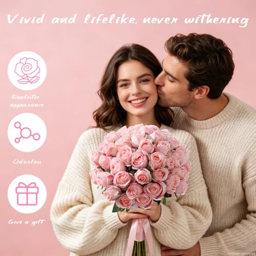 60Pcs Realistic Fake Roses Faux Flowers with Long Stems, Artificial Silk Rose Flowers for Valentines Day Home Wedding Decor Bridal Bouquet (Light Pink-60) - color: Light Pink-60