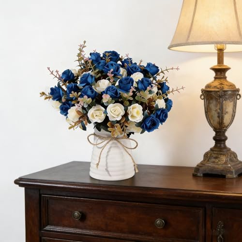 MOOMASS Lifelike Artificial Rose Bouquets and Ceramic vases, Fake Silk Roses, Suitable for Wedding, Dining Table, Office, Party and Home Decoration（Blue） - color: Navy Blue