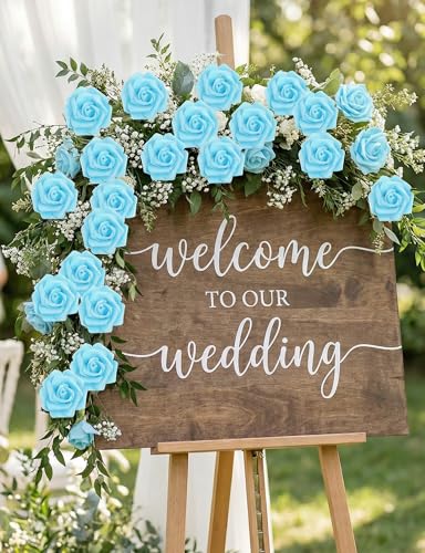 50 PCS Sky Blue Foam Rose Stemless Artificial Flower Head Bulk 2.75in Mini Fake Simulated Eternal Flores Roses Flower for DIY Craft Bridal Bouquets Centerpieces Arrangement Home Decoration - color: Sky Blue