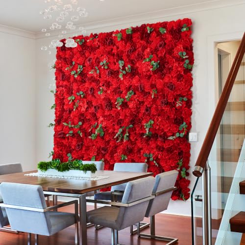 Artificial Flower Wall Backdrop 6 Piece 16.5x16.5inch Red Silk Rose Wall Artificial Floral Panel Ideal for Wedding Celebrations Arrangement Festive Party Backdrops and Elegant Home Decor - color: Red, size: 16.5inch