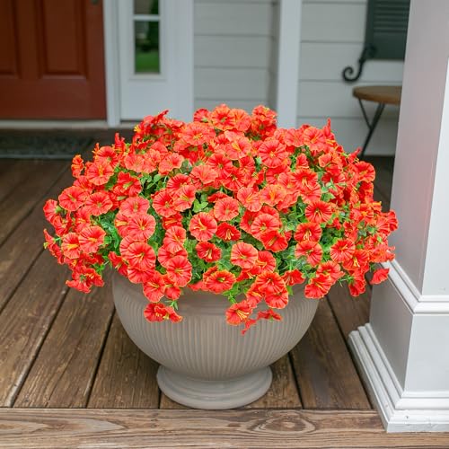 Artificial Flowers for Outdoors Fake Plants Spring Summer Decor, 12 Bundles Orange Silk Morning Glory with Eucalyptus Look Real UV Resistant Faux Flowers for Outside Planters Front Door Yard Indoor - color: Orange