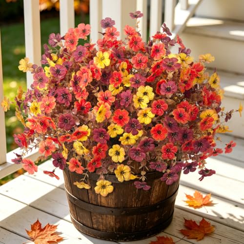 INXUGAO 12PCS Fake Artificial Fall Mums Flowers for Outdoor Decoration Faux Silk Fall Flowers Plants for Outdoor Planters UV Resistant Daisy for Home Decor - color: Fall-orange Brown Yellow