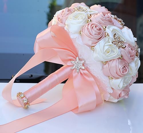 Sharebeauty 7.1" Handmade Satin Rose Bridal Bouquet Toss Round Wedding Bouquet Throw Toss Artificial Flower Bunch Pale Pink + Ivory - color: 809a Pale Pink/Ivory, size: 7.1"/18cm