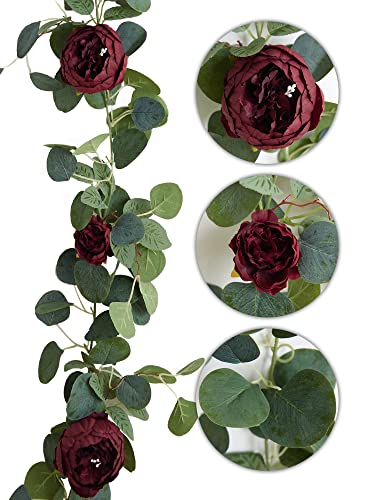 MISSPIN Artificial Eucalyptus Garland with Flower Vintage Faux Peony Rose Vine Greenery Decorative Table Centerpieces for Spring Wedding Arch Door Arrangement Party Decor - color: Red-23