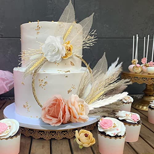 22 PCS Boho Cake Topper Decorations Vintage Artificial Rose Flowers Leaves Various Dried Pampas Grass Cake Decor for Cake Decorating for Wedding Bridal Birthday Party Supplies - color: Pink White Apricot