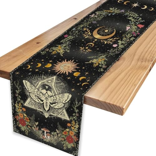 Gothic Moth Table Runner, Boho Gothic Sun Moon Phase Wildflower Mystical Witchy Farmhouse Coffee Table Center Decor for Home Kitchen Dining Patio Holiday Party Table Decorations 13x36 inches - color: Tr-moth01, size: 13x36" Table Runner