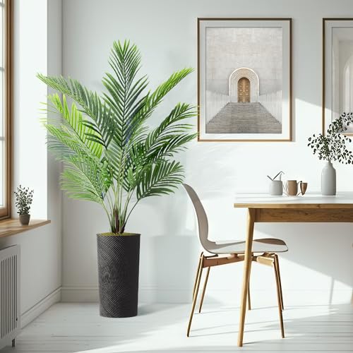 Artificial Tree in Geometric Spiral Pattern Planter, Fake Areca Tropical Palm Silk Tree for Indoor and Outdoor Home Decoration - 66" Overall Tall (Plant Pot Plus Tree) - style: Areca Palm Tree