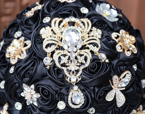 Luxury Cascade Bridal Wedding Bouquet Satin Rose Waterfall Holding Bouquet Artificial Flower Bunch for Bride Bridesmaid(Black, 15" x 7.5") - color: Black, size: 15"L x 7.5"W(38cm x 19cm)