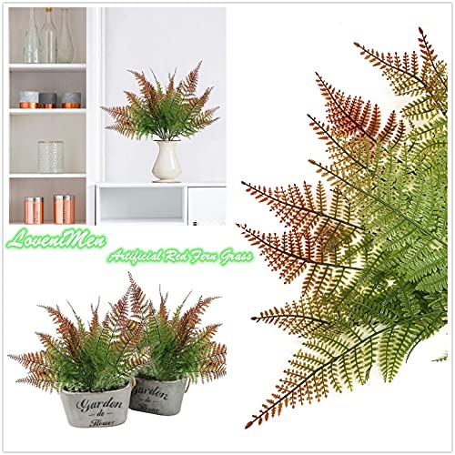 Artificial Boston Shrubs, Plastic Fern Plants Leaves Persian Grass Simulation Fake Bushes Outdoor Indoor Home Garden Verandah Parterre Table Centerpieces Decoration Red 2 Pack - color: Red Fern Grass / 2pcs