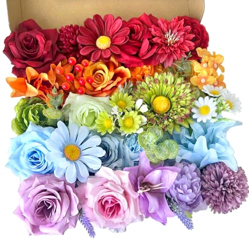 Colorful Artificial Flowers Combo Box Set Rainbow Silk Roses with Stems Sunflower DIY Bridal Wedding Bouquets Cake Fake Floral Arrangements Baby Shower Party Table Centerpieces Home Decor Bulks - color: Rainbow, Colorful