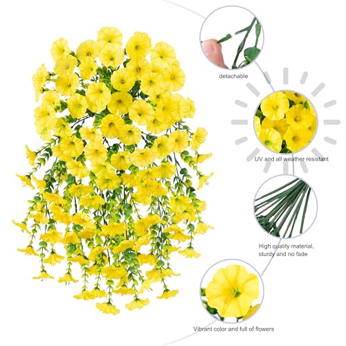 Ivydale 2 PCS Artificial Hanging Flowers Fake Plants Outdoor,Silk Morning Glory Faux Flowers with Eucalyptus Leaves,UV Resistant Realistic Hanging Petunias Plants for Home Garden Decor (Yellow) - color: Yellow