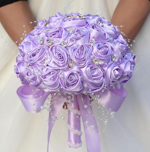 Ujicde Romantic Wedding Bouquet Bridal Bridesmaid Round Bling Brooch Bouquet Throw Toss Artificial Rose Flower Bunch with Sparkle Rhinestone Crystal Decoration(Light Purple,Dia. 6.3"*16cm) - color: Light Purple, size: Dia. 6.3"*16cm
