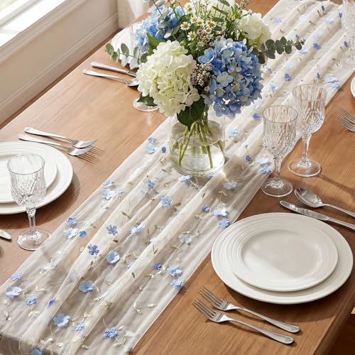 Artoid Mode Blue 3D Flower Gauze Embroidery Table Runner 120 Inch 10FT, Tulle Seasonal Spring Kitchen Dining Holiday Table Decor for Home Party - color: White-blue