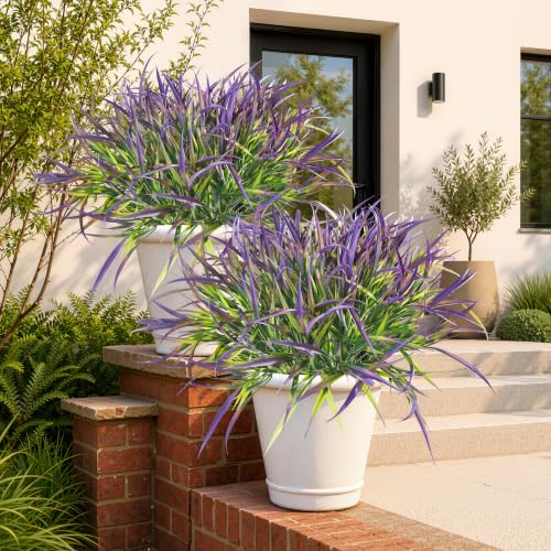 Uieke 28 Bundles Artificial Outdoor Plants UV Resistant Fake Grass Plants Faux Plastic Plants Greenery Shrubs for Home Garden Pathway Window Box Front Porch Cemetery Spring Summer Decor, Purple - color: Purple, size: 28