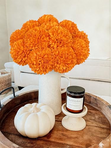 Briful 12 Pcs Artificial Orange Chrysanthemum Stems – 11” Tall Silk Mums Flower Heads with Green Leaves, Flexible Stems for Fall Floral Pick Arrangements, Home, Wedding & Seasonal Decorations - color: 3.5'' Dia. 12pcs Orange