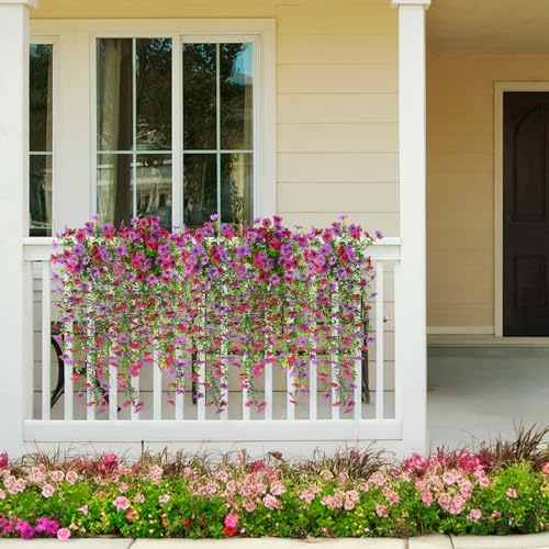 Artificial Hanging Flowers for Outdoors, 2 Pcs Fake Hanging Plant Spring Summer Decoration, UV Resistant No Fade Faux Silk Daisy Flower for Planter Porch Patio Yard Garden Decor(Light Purple Red) - color: Light Purple Red