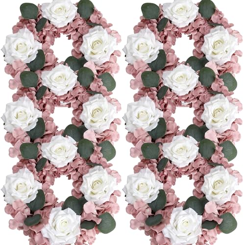 Artificial Flower Candle Rings - 6 Inch Inner Rose Floral Wreaths for Wedding Bridal Event Table Centerpieces Backdrop Decorations (Dusty Pink & White, 6 X Candle Rings) - color: Dusty Pink & White, size: 6 X Floral Wreaths