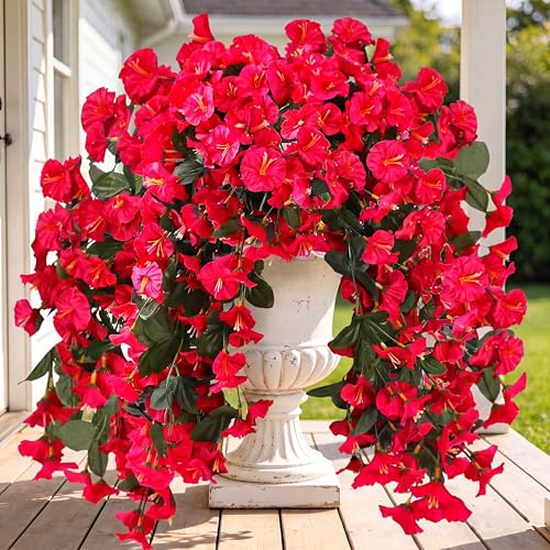 Sggvecsy Artificial Fake Hanging Flowers Plants for Outdoor Outside Spring Summer Decoration 4PCS Faux Silk UV Resistant Realistic Morning Glory Trailing Vines for Home Porch Patio Balcony(Rose red) - color: Rose Red, size: 4Pcs