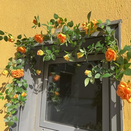 5.9FT Bendable Rose Flower Garlands, Artificial Silk Wild Roses Vine Hanging Flowers for Wall Fireplace Fence Trellis Wedding Baby Shower Home Spring Decor(Orange,2PC) - color: Orange, size: 2