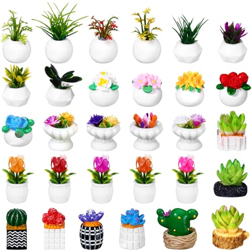 Threehoney 30 Pcs Miniature Dollhouse Plants Accessories Mini Artificial Potted Flower Tiny Resin Greenery Cactus Figurines for Doll House Gift DIY Garden Bonsai Micro Landscape Decoration(Plants) - style: Plants