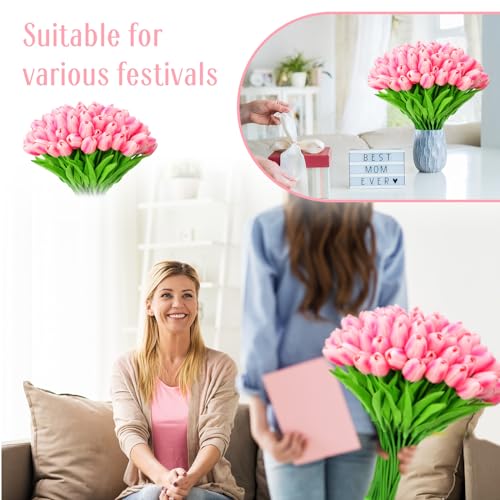 Jexine 100 Pcs Artificial Real Tulips Fake Artificial Tulip Flower Bulk Bouquet with Stem for Table Centerpieces Wedding Bridal Easter Mother's Day Garden Home Decor, 13.4''(Purple Rose) - color: Purple Rose