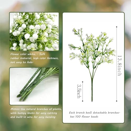 12pcs Babys Breath Artificial Flowers, White Real Touch Faux Baby Breath Flowers Artificial Bulk, Fake Gypsophila for Wedding Bouquet Home Arrangements Garden Party Decor (Each Stem has 5 Branches)