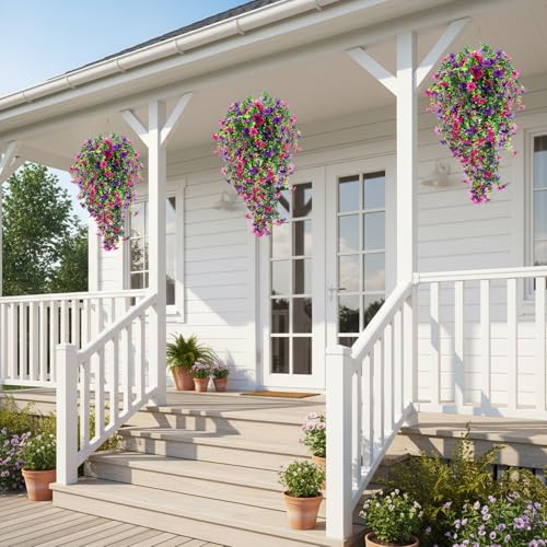 CEWOR 4pcs Artificial Hanging Plants for Outdoor, Fake Flowers Faux Silk Daisy with Eucalyptus, UV Resistant Realistic Faux Flower Greenery for Outside Indoor Home Porch Patio Decor, Purple - color: Purple Daisy