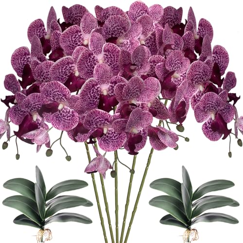 HinyoCo 5 Pcs Artificial Orchid Flowers and 4 Bundles Leaves, Artificial Phalaenopsis Flowers 32 Inch Stem Plants for Home Wedding Decoration (Purple Spots) - color: Purple Spots