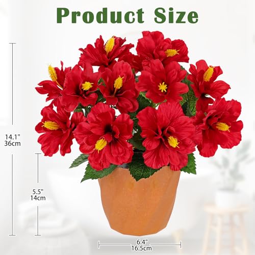Briful Artificial Hibiscus Flowers in Pot, 14.1" Faux Tropical Flower Plant for Outdoor Porch, Potted Red Hibiscus Tabletop Decor for Living Room, Dining Table, Kitchen, Office, Indoor Home Décor - color: 14'' Red