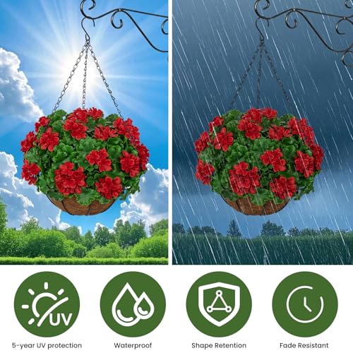 Geraniums Artificial Flowers Hanging Basket for Outdoors, UV Resistant Realistic Artificial Red Geranium Flowers for Outdoor Porch Garden Patio Home Decor - color: Red, size: Medium