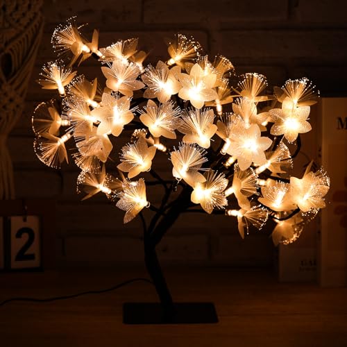 Drawelry Fiber Optic Flower Tree Lamp - 48 LED Table Night Light USB Powered Artificial Flower Bonsai Tree Lamp Bedroom Living Room Decor Valentine's Day Birthday Gift for Women Girls Mother (White) - color: White