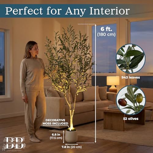 6ft (180 cm) Artificial Olive Tree with White Pot, Moss & USB LED – 943 Leaves, 52 Olives, Lifelike Fake Indoor Potted Plant for Home, Living Room, Office & Bedroom Decor - size: 6ft