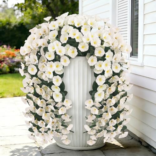 Artificial Flowers for Outdoors Fake White Morning Glory Hanging Flower Decoration, 2Pcs Realistic Faux Plants Petunias Long Trailing Vines,Spring Decor for Porch Patio Balcony Planter Yard - color: Morning Glory - White
