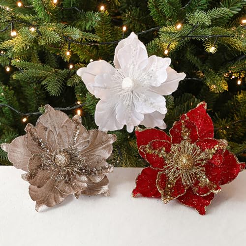 vctops 6 Pcs Poinsettia Artificial Flowers Christmas Tree Ornaments Velvet Glitter Magnolia Flowers for Xmas New Year Party Wedding Holiday DIY Decorations, Red - color: Red