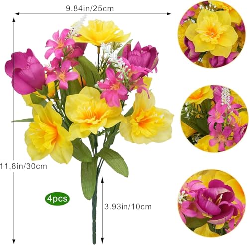Zytherm 4 Bundles Artificial Flowers for Cemetery Daffodils Bouquets Yellow Silk Floral Arrangements Fake Tulip Mothers Day Flowers for Grave Home Table Centerpieces Vase Wedding Party Outdoor Decor
