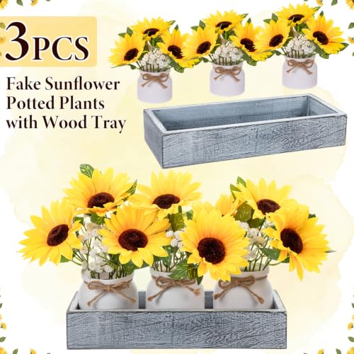 AceOrbit 3 Pcs Artificial Sunflower Potted Plants with Light Grey Wood Tray Farmhouse Faux Sunflowers for Kitchen Table Centerpieces Fake Yellow Flowers in Rustic Pots for Dining Home Bathroom Wedding - style: Weathered