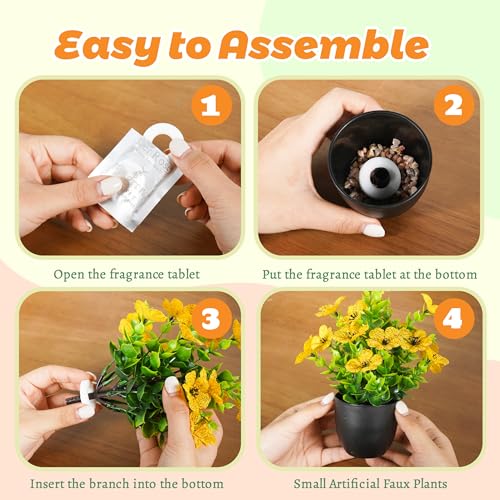 Der Rose 4 Pack Small Fake Plants with Fragrance Discs Spring Faux Flowers in Black Pots Artificial Plants Indoor for Bathroom Room Office Desk Decor - color: Black