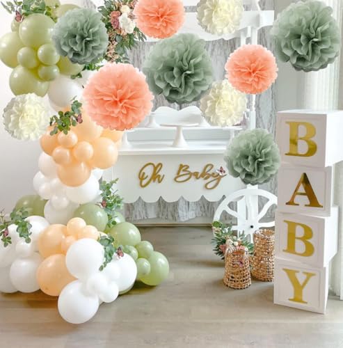 10-Pack Peach Champagne Sage Green Cream Party Decorations Hanging Tissue Paper Flowers Pom Poms Backdrop for Blush Wedding Bridal Shower Birthday